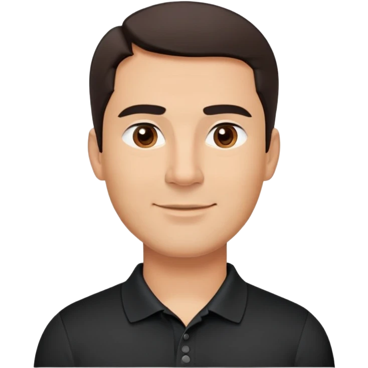 Middle-aged man with strong square face, pronounced jawline, full cheeks, neutral expression, dark brown eyes, thick eyebrows, wide proportional nose, friendly smile with medium lips, short dark hair neatly styled to the side, wearing a black polo shirt emoji
