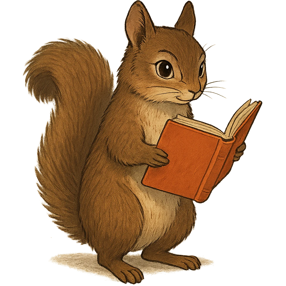 A cute brown squirrel with an orange book, studying at Siberian Federal University, holding the book, full body, detailed fur, intelligent and beautiful emoji