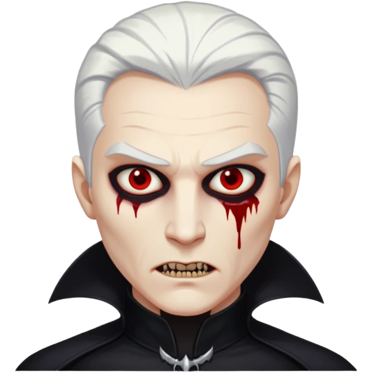 Creat a young man Vampire with white skin and white hair "make him have slide back hair" and full black vampire clothes and bloody eyes and long fangs and scary dead eyes and silver logo on his neck emoji