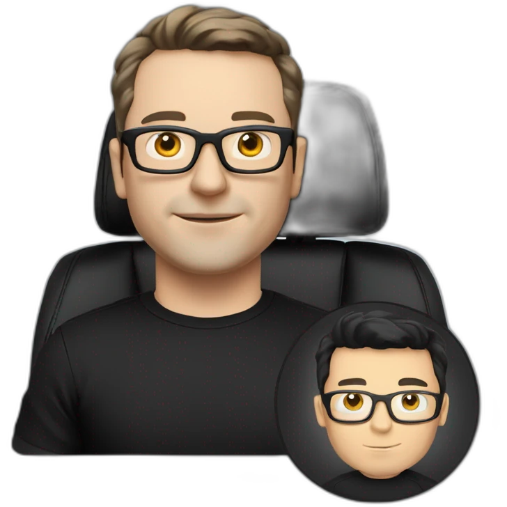 small-cartoonish-middle-age-lean-white-man,without beard or moustache,-with-black-hair-&-glasses-wearing-black-Tesla-T-shirt,-inside-black-tesla-model-3, full car front view with driver emoji