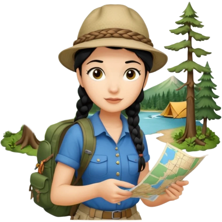 A braid black hair backpacking woman checking her map with curious eyes while walking in the woods with camping hat full body emoji