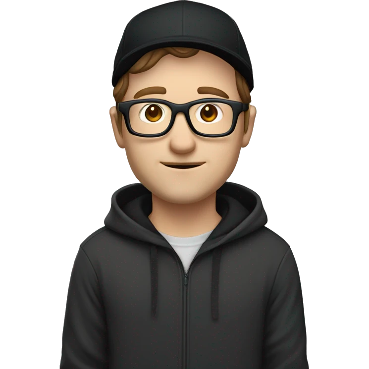 white man with brown hair and blue eyes wearing black framed glasses, a grey cap and a black hoodie playing xbox emoji