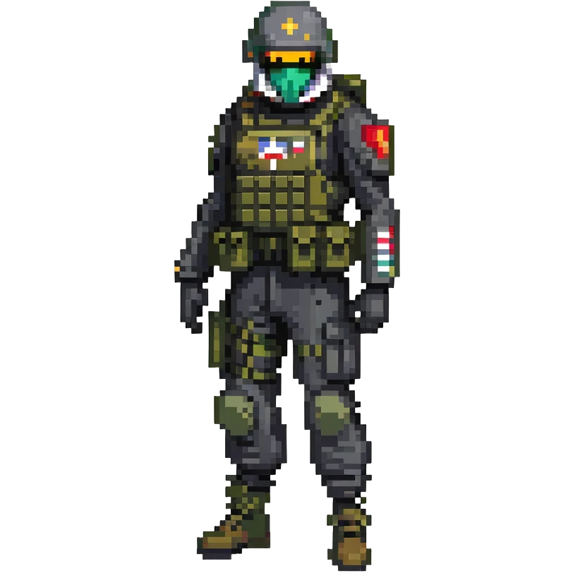 armed figure in all-black military clothing, shiesty mask, and helmet emoji