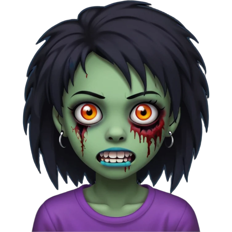 girl, zombie, black coily hair, medium long, emo, shaggy, dark, spooky, piercing on eyebrow, colourful teeth, creepy blank expression emoji