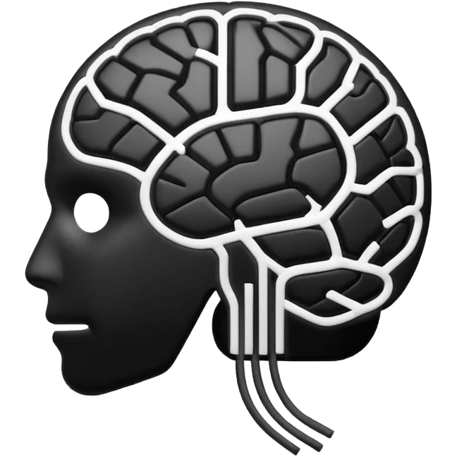 Futuristic AI brain emoji, simplified brain silhouette, metallic black and white, glowing neural lines inside, flat vector design, minimal clean style

 emoji