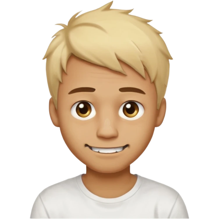 Male with short, messy blonde hair, large expressive golden-brown eyes, brown skin, scar over nose, crooked smile showing slightly damaged teeth, wearing a plain white t-shirt. emoji