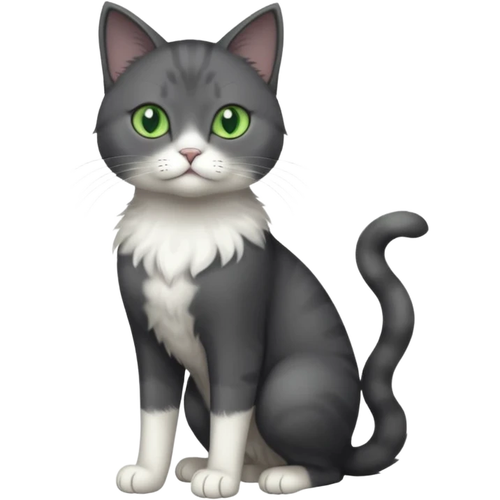 full body view of beautiful female solid dark grey cat with green eyes, white toes and white patch on chest emoji