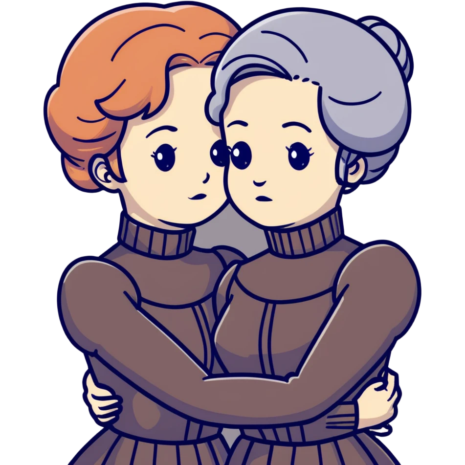 Two Victorian women in a sad intimate hug, one with white coiffed hair and one with copper coiffed hair, both with grey eyes, wearing Victorian turtleneck dresses emoji