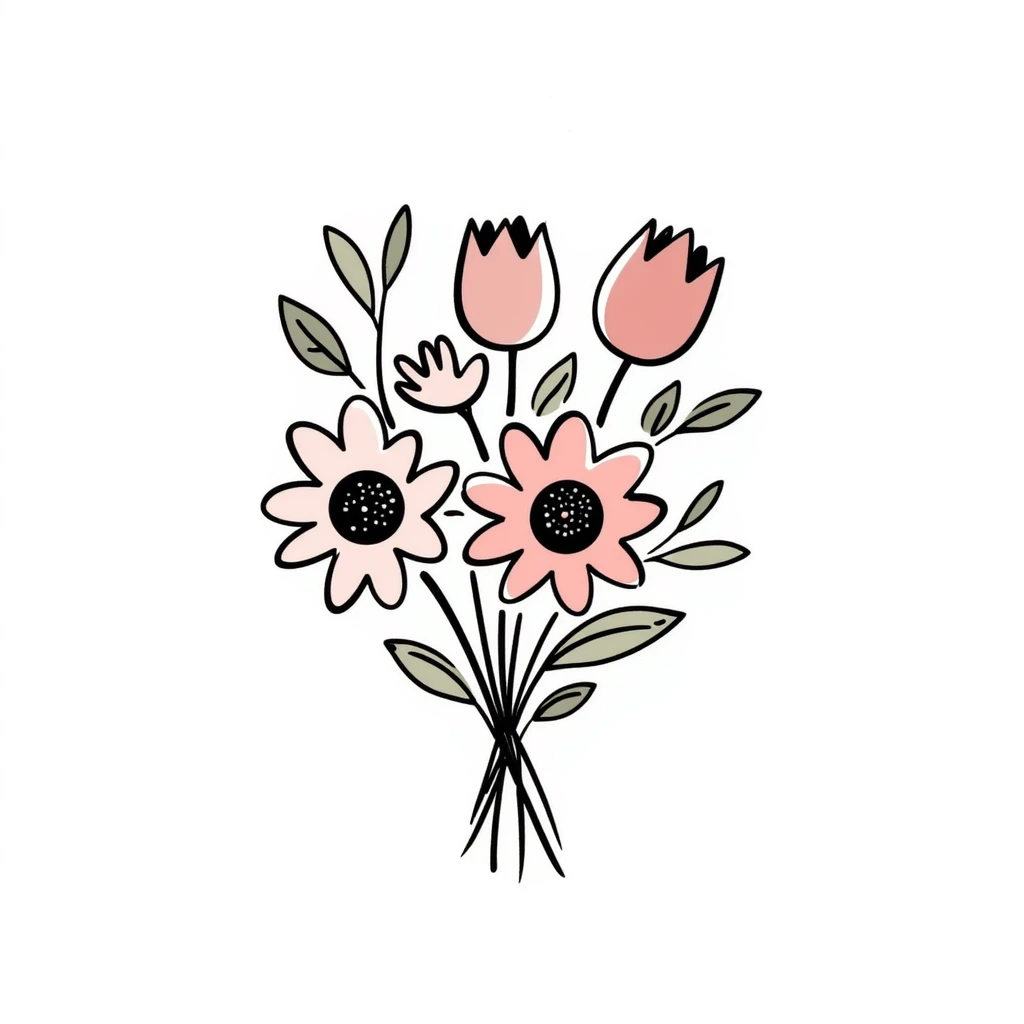 a bouquet with a variety of different flower types including roses, tulips, daisies, sunflowers, and lilies with stems and leaves in pastel colors dd9fb0, ffc6d3, a3bfc9, c4bee2, f1b091, detailed hand-drawn doodle style emoji