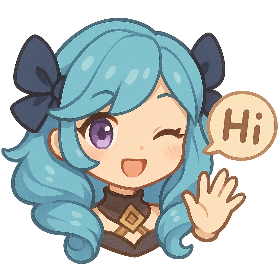 Gwen from League of Legends, chibi style, only head, hi emote, right eye purple, sample 1 emoji