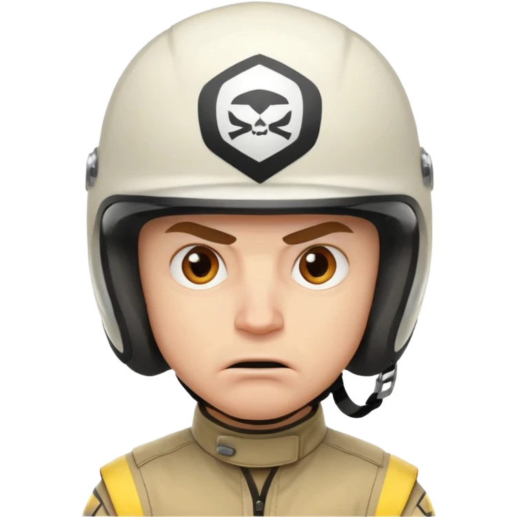 white male racer in helmet, crazy look, taking risks, very serious face, angry emoji
