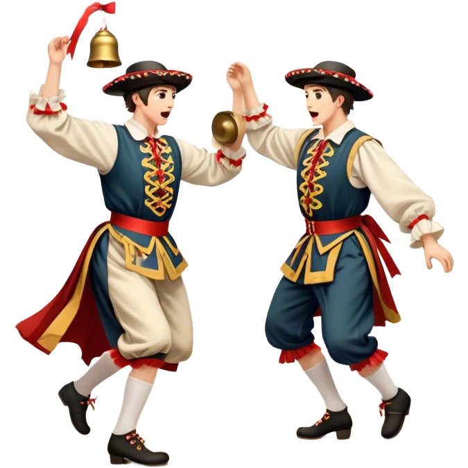 Cinematic Realistic scene of two performers executing a Morris Dance in full traditional costume—with bells, ribbons, and clogs—captured in dynamic motion against a rustic English backdrop and warm, golden lighting emoji