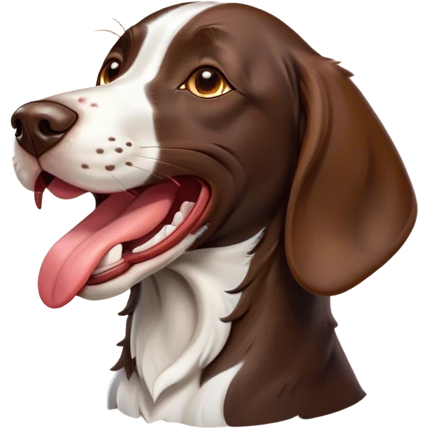 Cinematic Comical German Pointer Dog Portrait Emoji, Head tilted dramatically while yawning exaggeratedly, sleek brown and white fur, Simplified yet hilariously adorable features, highly detailed, glowing with an almost sarcastic glow, high shine, a mix of lazy and curious, stylized with a touch of playful whimsy, bright and alert but with a comical expression, soft glowing outline, capturing the essence of a mischievous yet overly dramatic dog, so meme-worthy it feels like it could leap off the screen and sassily demand attention, ready to become the internet’s next viral sensation! emoji