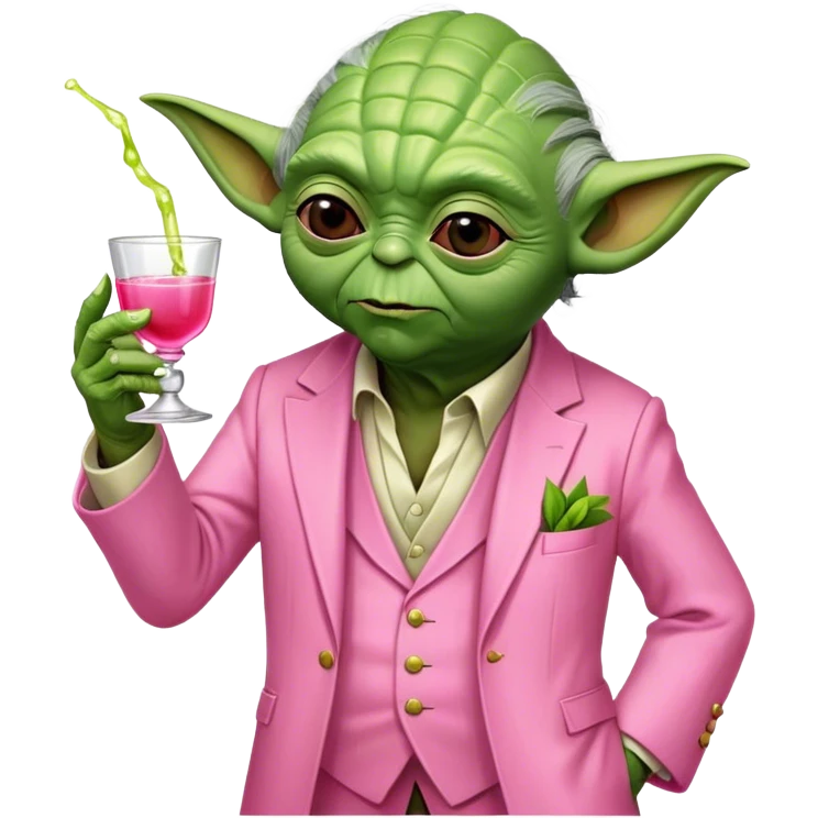 Master Yoda in all pink suit, with one hand holding pink tequila shot with lime emoji
