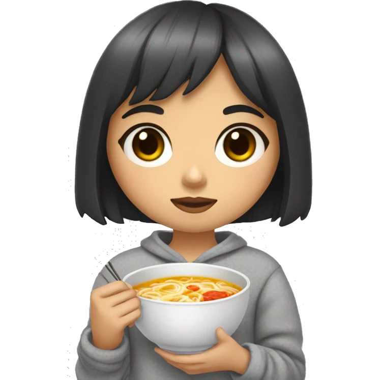 A girl with bangs covering one eye, black hair and big eyes wearing a gray pajama sweater and holding a ramen in her hand. emoji