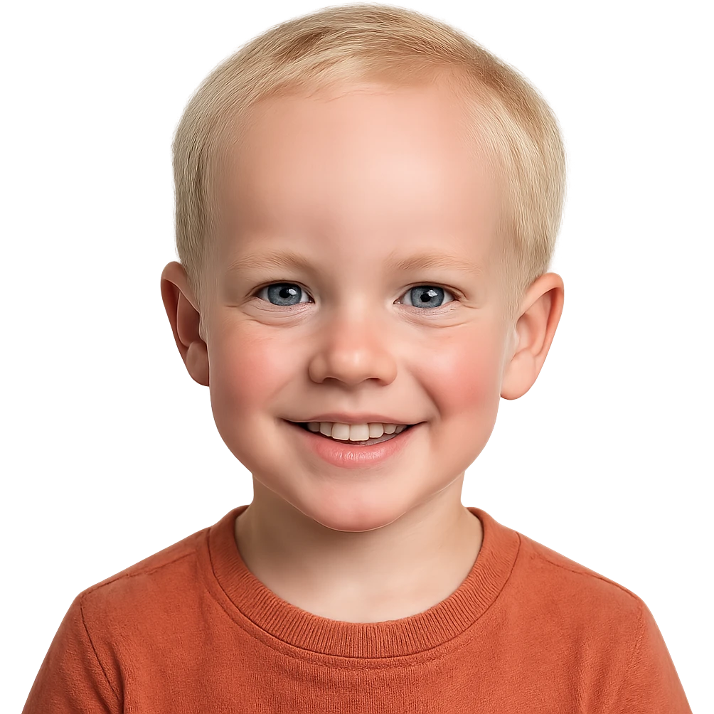 young boy with blond hair, blue eyes, big forehead, smiling, pale complexion with slight red tint from tanning emoji