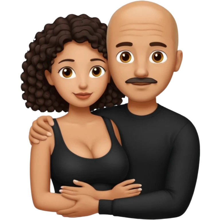 A picture of an embracing tanned couple. the man is a Mexican man with tanned skin, NO GLASSES, with a bald hair cut, short beard and wearing a black shirt. the woman is short with long curly dark brown hair and with big boobs emoji