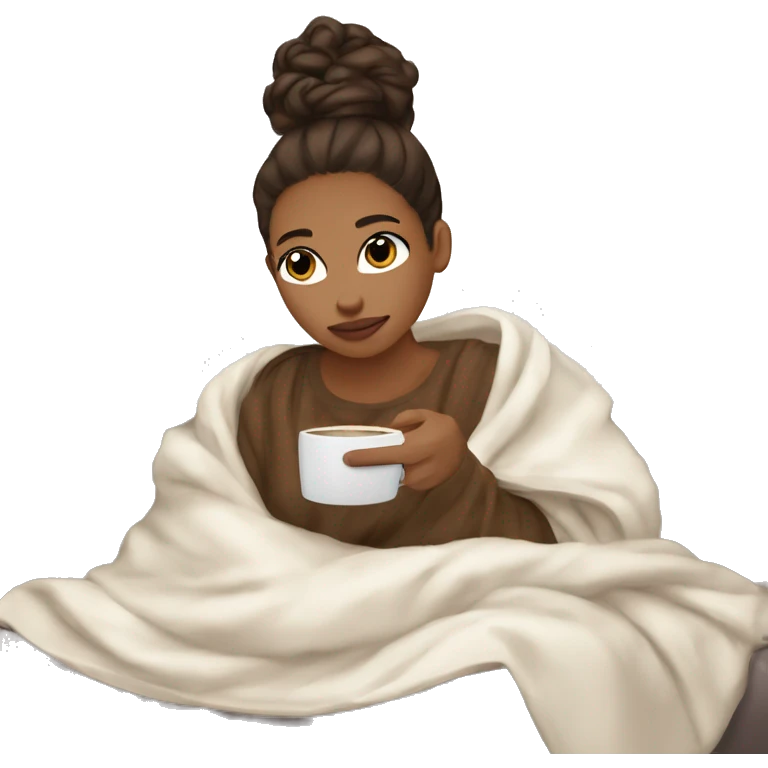 Me, brownskin, hair in a ponytail, white bow, drinking coffee while snuggled up in a blanket emoji