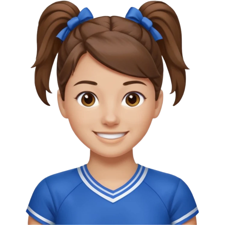 brown hair blue cheerleading shirt no bangs with a high pony smiling emoji