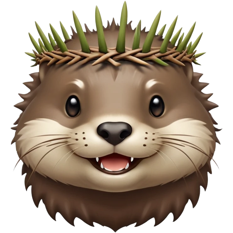 really cute smiling joyful otter face in three-quarter profile view with simple thorny stem wrapped horizontally around its forehead like Jesus Christ's Crown of thorns, no crown shape on top, just thin spiky branches circling the forehead emoji
