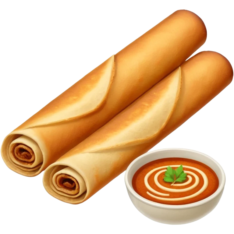 a dosa, the South Indian crepe, rolled and golden brown, with a small bowl of chutney on the side, simple and clear, no text emoji
