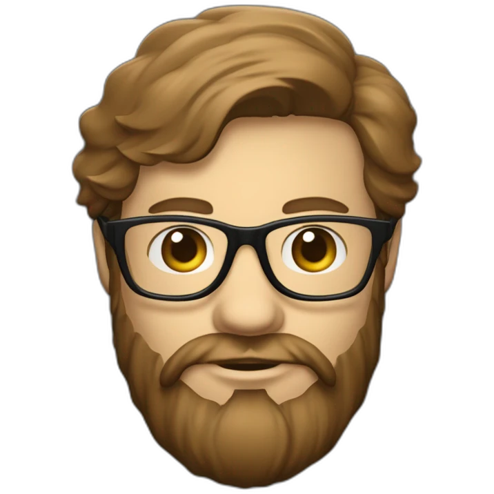 Un visage d’un homme blanc, cheveux couleur châtain avec une barbe couleur châtain bien taillée des lunettes de vue, coiffé en arrière et un casque audio  emoji