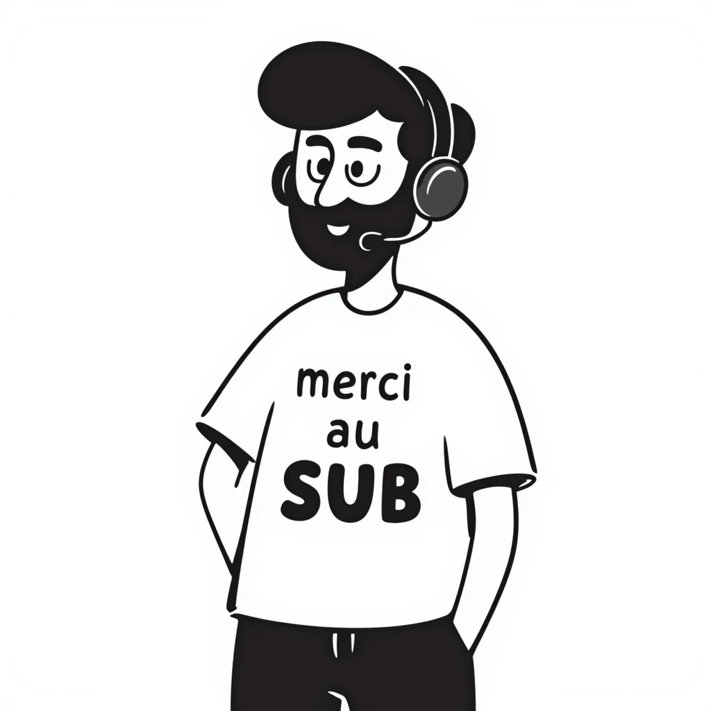 A person with black hair, brown eyes, and a black beard wearing a gaming headset saying "merci au SUB" emoji