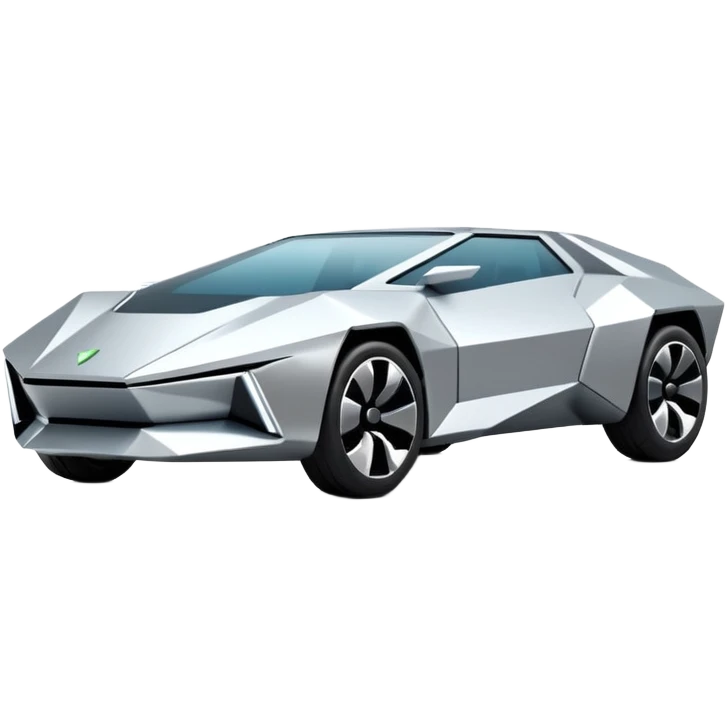 A futuristic chrome car emoji, sharp geometric body design inspired by cybertruck aesthetics, smooth silver metallic surface, matte and glossy chrome mix, minimal details, soft reflections, clean edges, iOS emoji style, centered, clean white background, soft studio lighting, no text emoji
