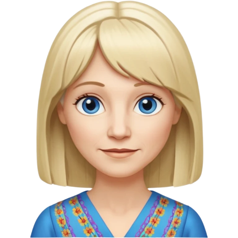 50 yr old white woman, hippie parted very long hair, short bangs, very long straight blond hair, oval face, small smile, blue eyes, thin face, hair downback, hair parted at center of head, round cheeks, pale, longer hair, business dress emoji