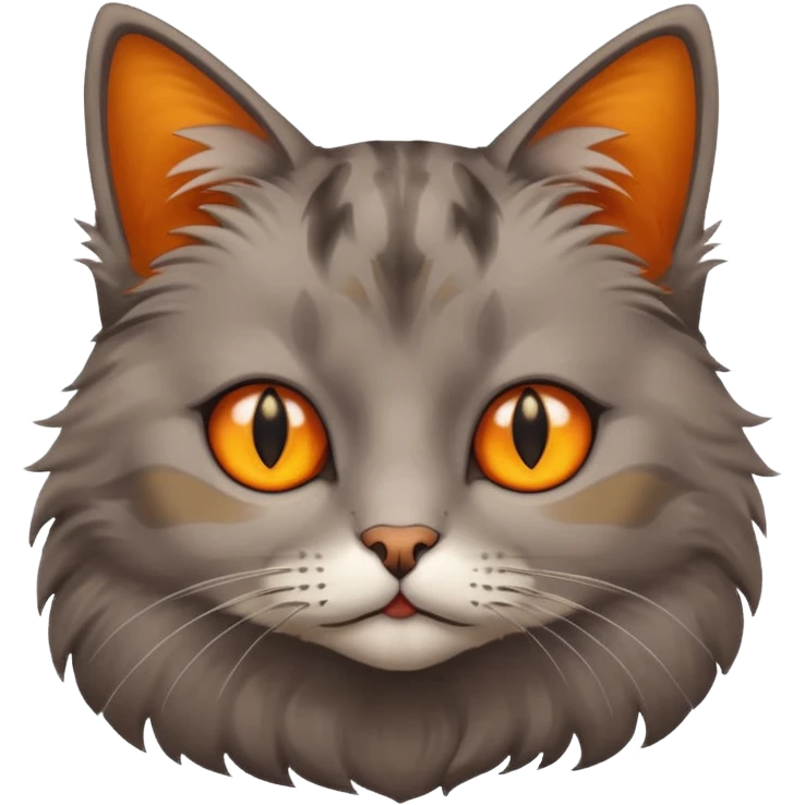 A Cat her race is persante he hair is grew and brown with they eyes orange and Yellow and emoji