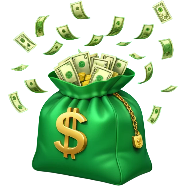 

3D emoji style, big bag of money, flying dollar bills, rich casino vibe, smooth lighting, high detail, clean edges, transparent background



 emoji