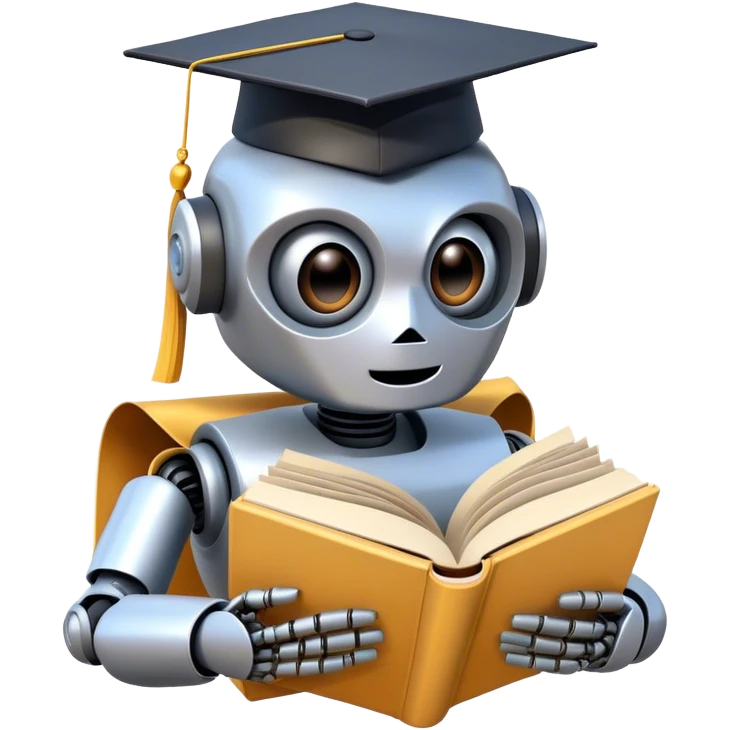 Non-human looking robot reading a big book with graduation head emoji