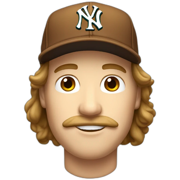 white man with brown long hair and ny baseball cap and mustache emoji