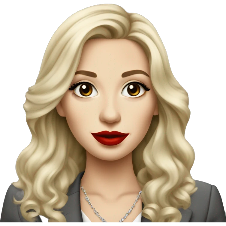 Russian Blonde long hair with big red lips small nose and black eyes Tiffany diamond seller in a grey suit emoji