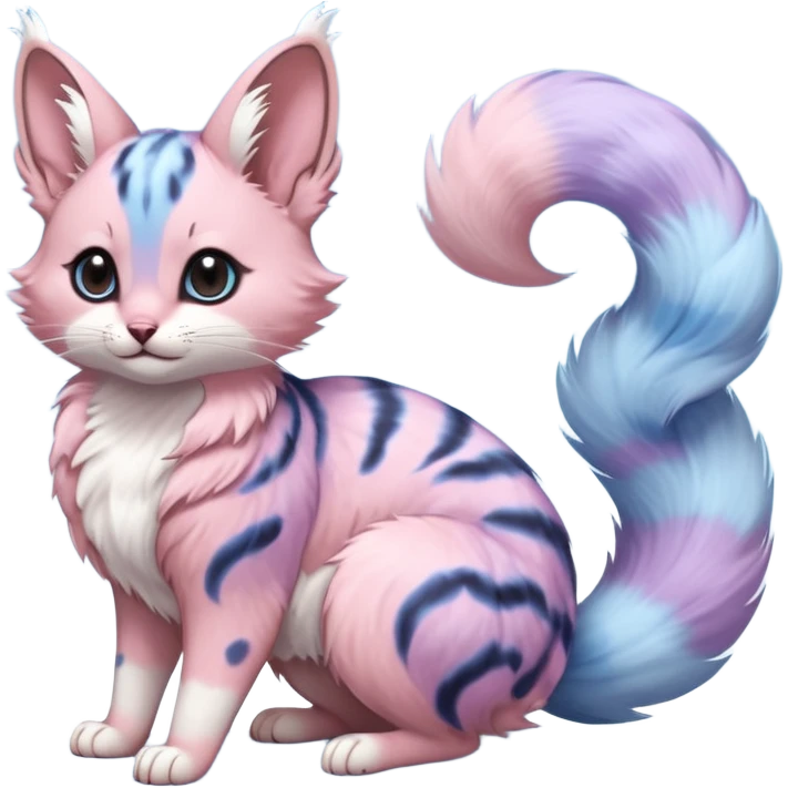 cotton-candy mist pink-blue-lilac fur whipped into cloud-soft spirals realistic fur with random dark markings beautiful elegant pretty precious cute  Fakémon-Pokémon-opossum-feline-serval-caracal-chinchilla-Furret-Minccino-hybrid-creature with a big fluffy bushy tail (full body) emoji
