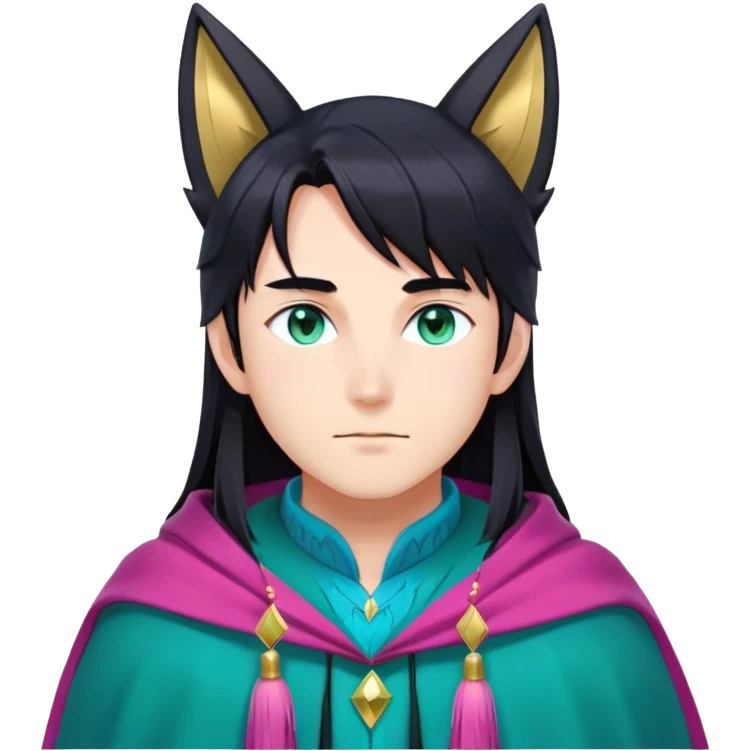 anime man with long-straight-dark-black hair, long black fox ears with pink Scapha, colorful-gradient-brown-turquoise eyes, gold earring, dark-blue-sweater, green cape behind, white pupils, turquoise tassel emoji