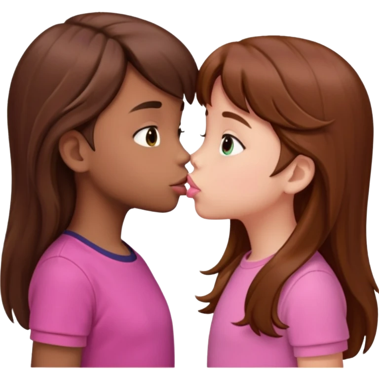 two 5 year old gals about to kiss on the lips, lips extremely close but not touching, pink shirts, long brown hair emoji