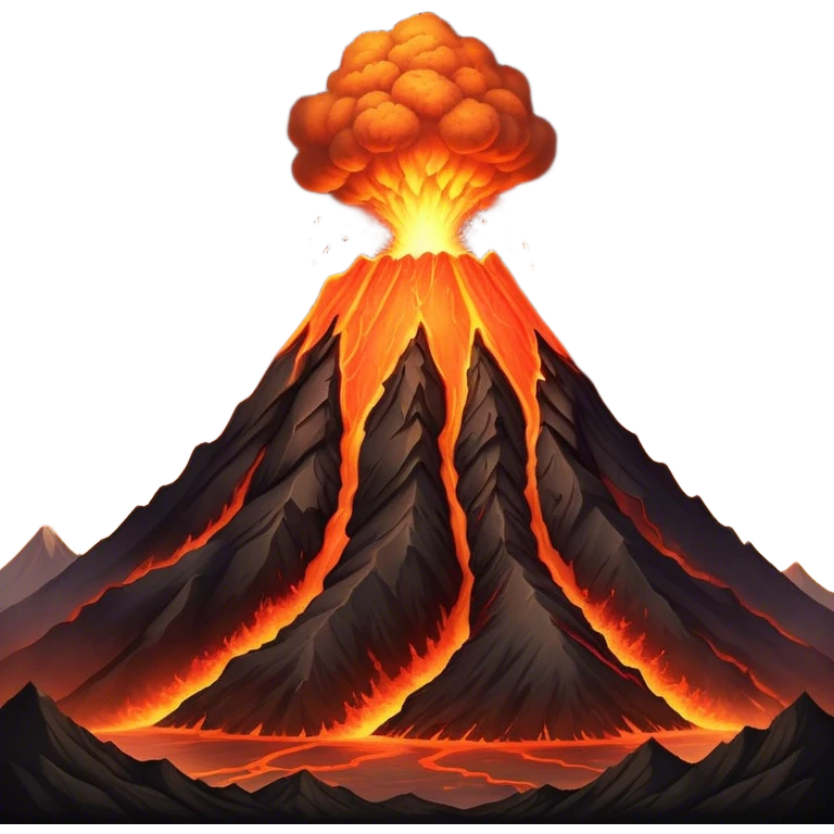 Cinematic Realistic Volcano Emoji, Powerful and awe-inspiring, with molten lava flowing from its jagged, smoking peak, casting an orange glow in the surrounding darkness. The landscape around it is barren and rocky, with clouds of ash rising into the sky. Soft glowing outline, capturing the essence of raw power and fiery energy in a towering volcano. emoji