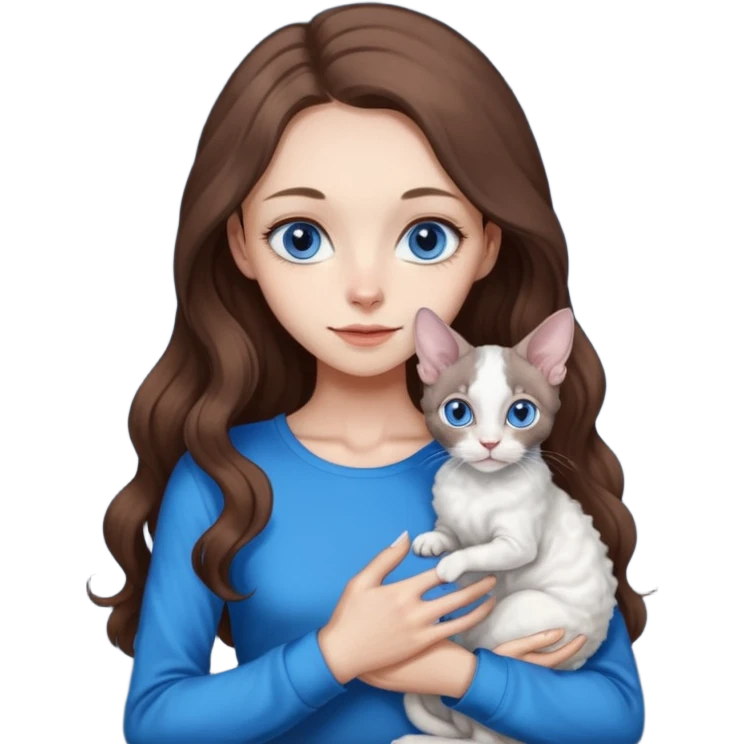 beautiful skinny girl with long brown hair and blue eyes in dark long sleeve is holding a devon rex white cat with blue eyes. the colors of cat’s and girl’s eyes are the same.  emoji