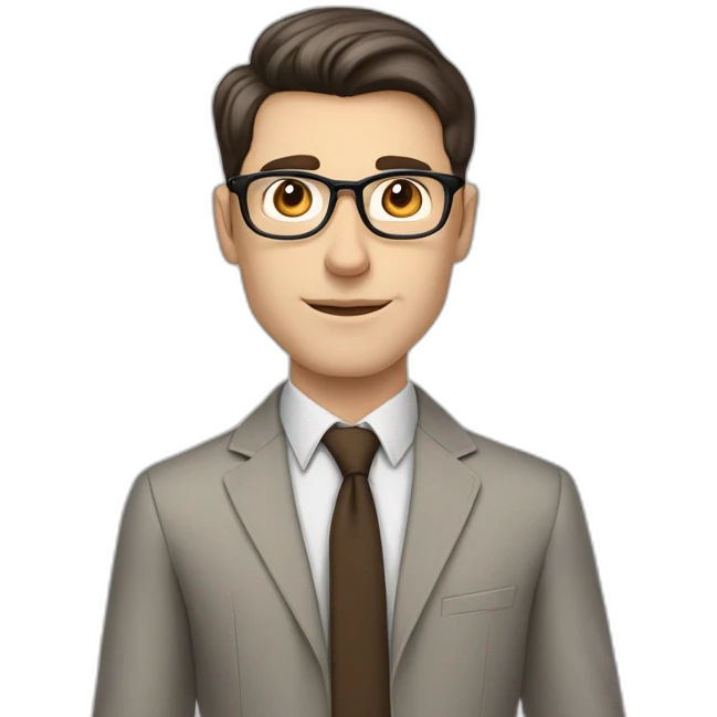 Pale skinned fit man with dark brown hair in gray jacket, beige office shirt, brown tie, brown pants and vintage glasses Writing text on the flipchart emoji