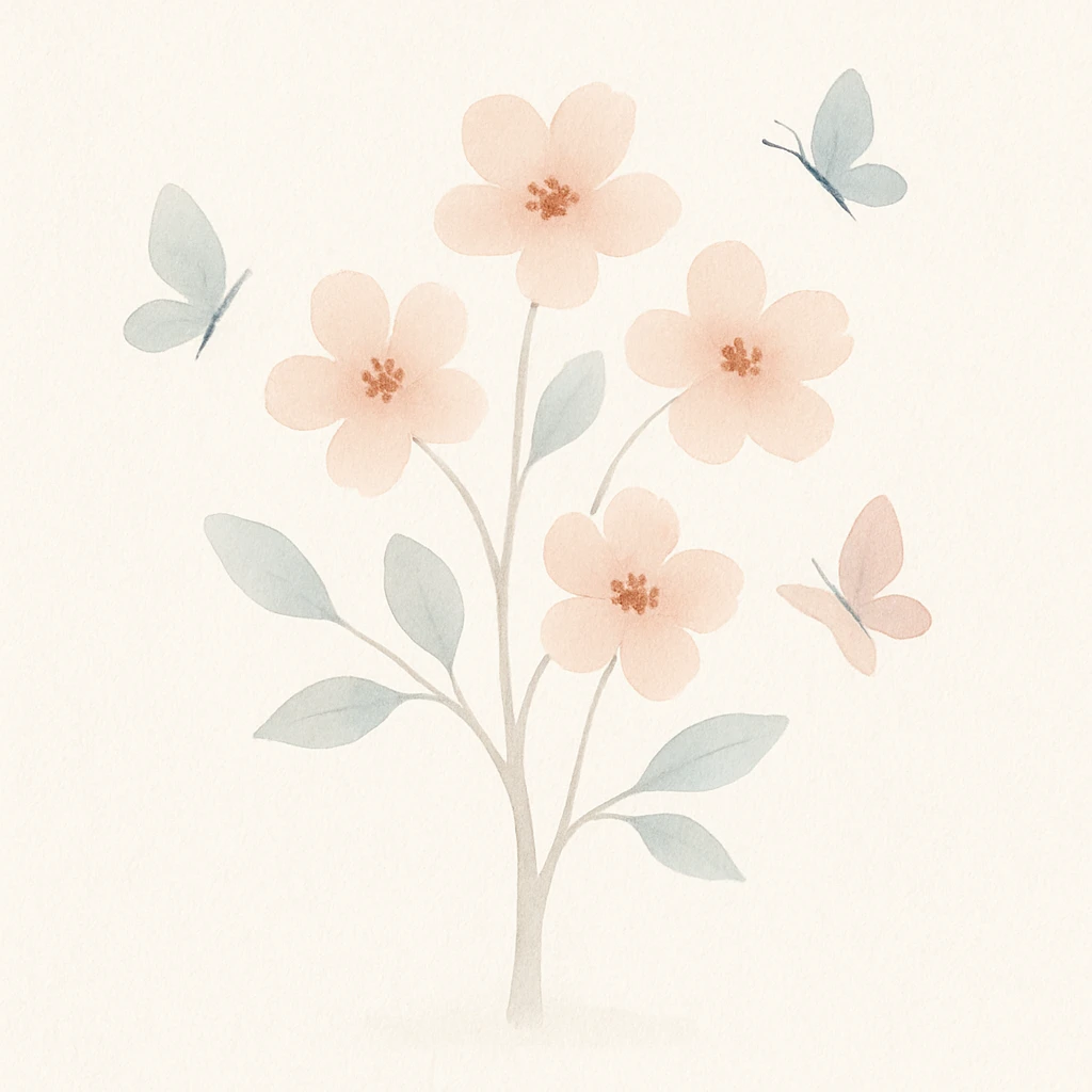 árbol con flores y mariposas, colores suaves y detalles delicados emoji