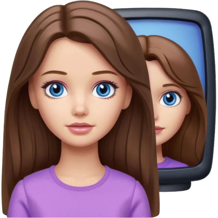 beautiful barbie girl with long brown hair, blue eyes and wearing light purple clothes watching stranger things on tv emoji