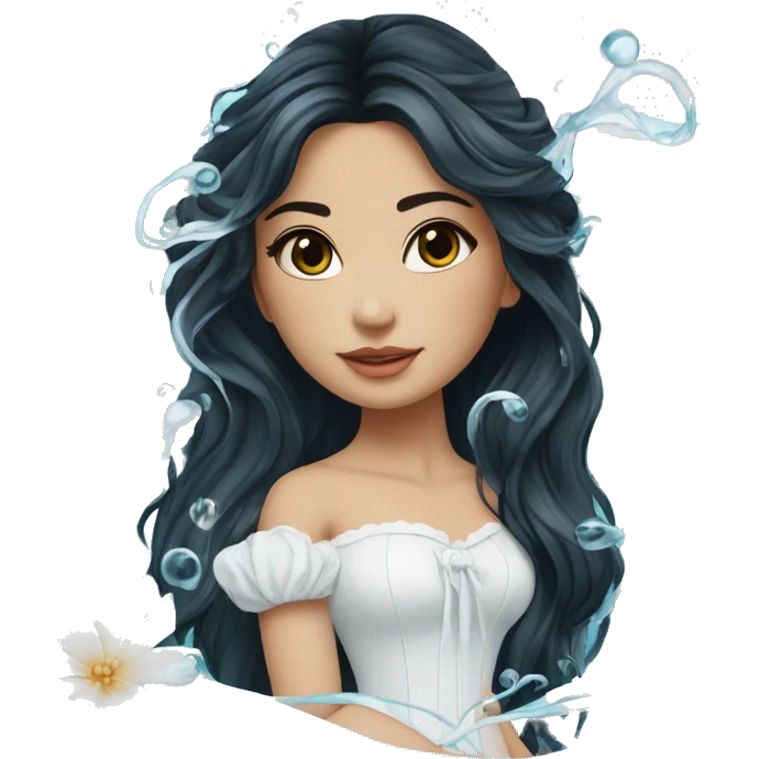 Pretty young Lady doll posing posed pose with long black hair flowers in hair white dress surrounded by flowing water water swirls waves emoji