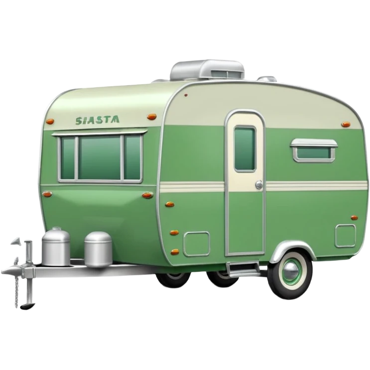 1960s Shasta trailer, single axle wheels, colored all green, the same green shade as movie trailer green preview card, light grey tires and grey hitch emoji