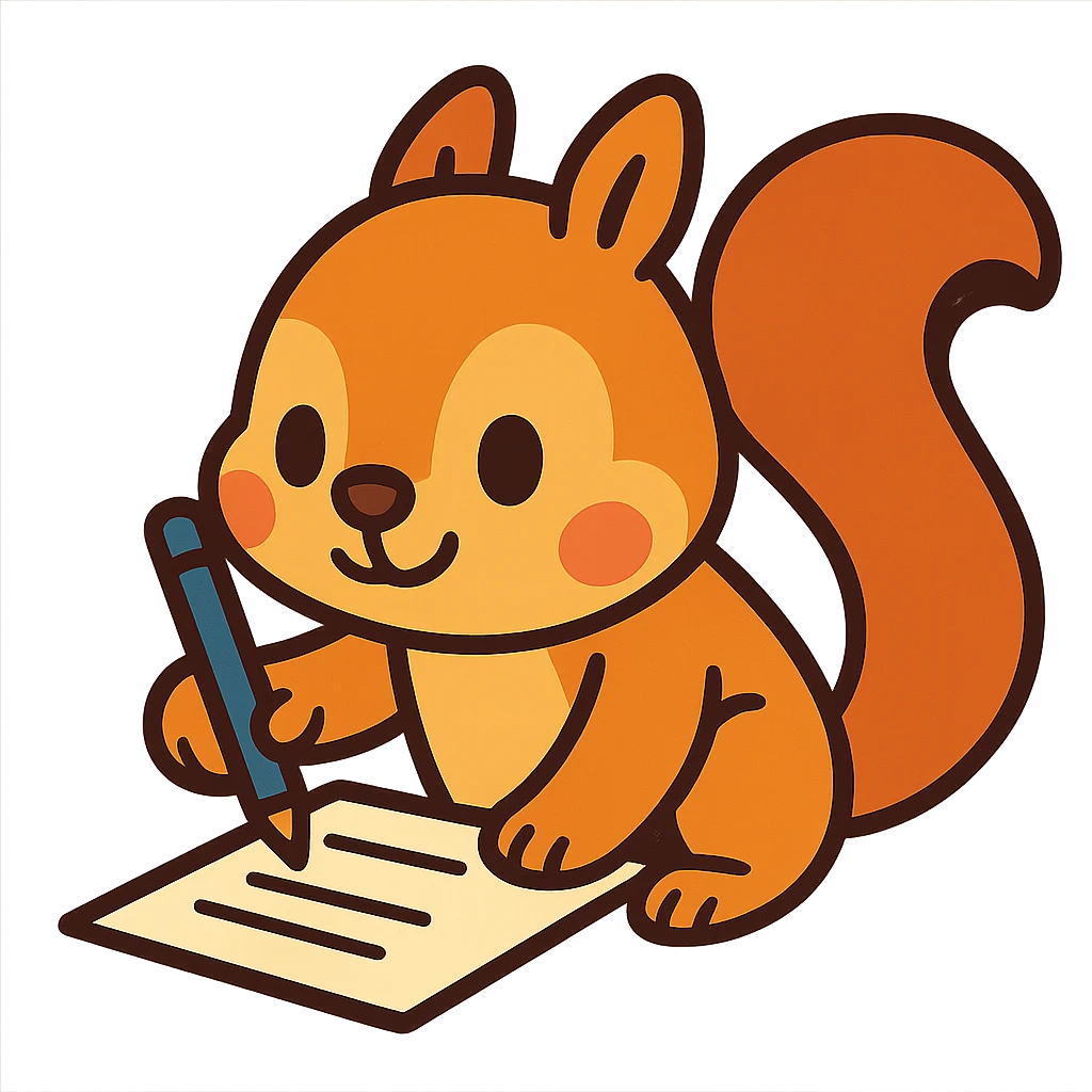 a cute squirrel writing a paper, cartoon style emoji