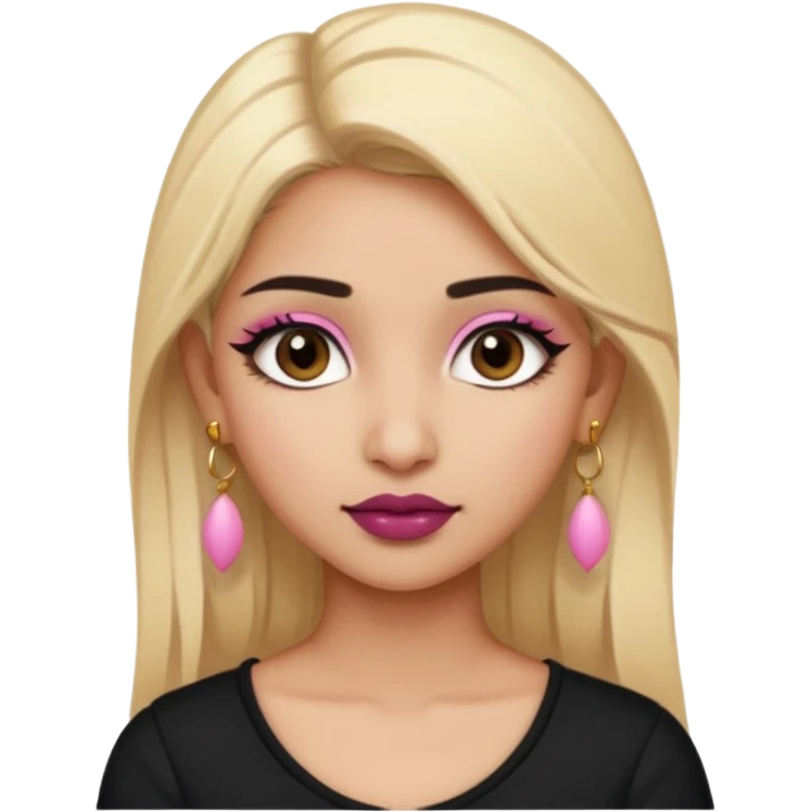 Sweet Indian girl blonde hair darkbrow eyes brown lipstick, pink blush, black top gold earrings, brown eyebrows  emoji