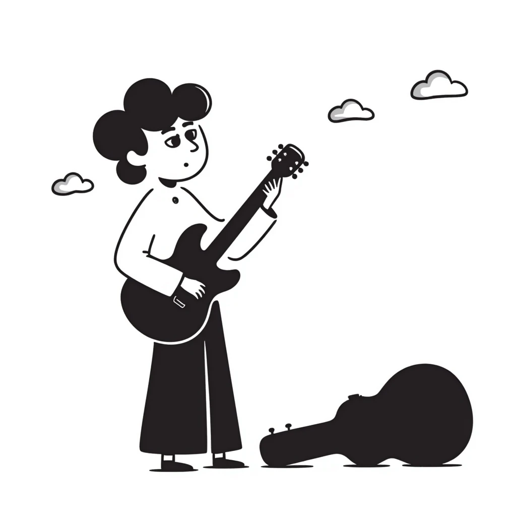 A musician playing guitar with head tilted up towards the sky, with clouds in the background, sad worried expression on face, concerned look, hoping for an opportunity emoji