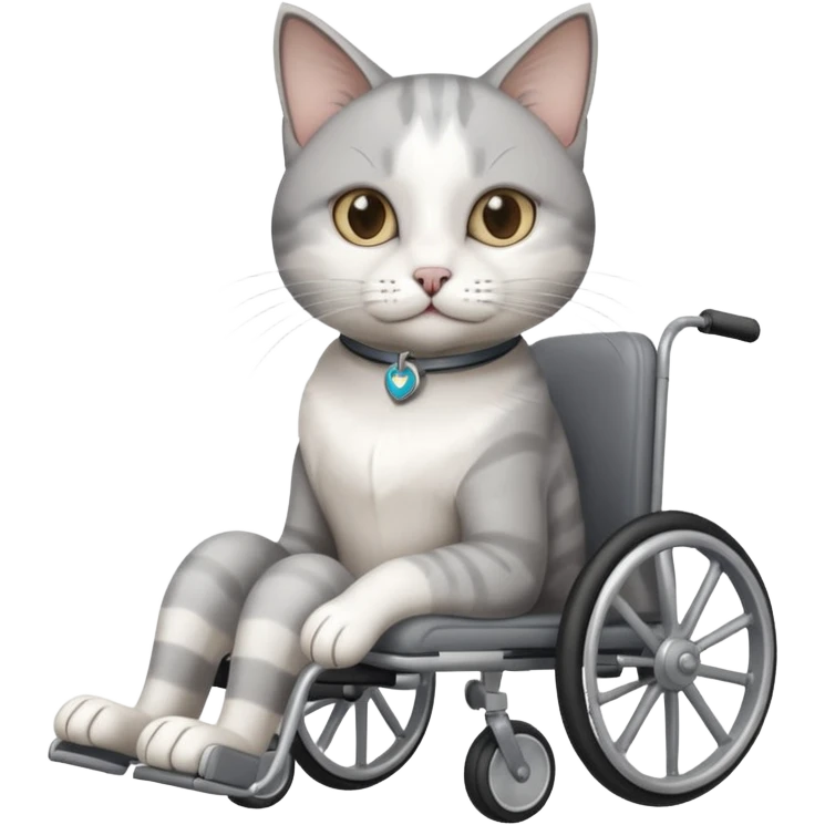 disabled grey and white cat using cat physio wheelchair emoji
