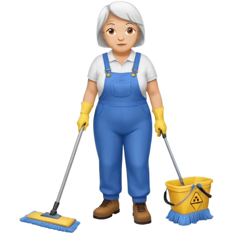 old and fat women, Custodian with yellow rubber gloves, white T-shirt, blue overalls, mopping floor emoji