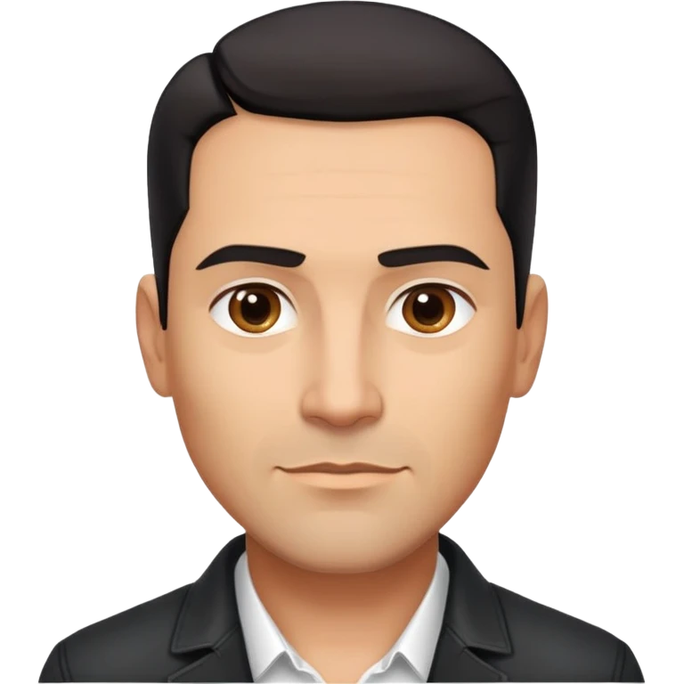 Attractive Hispanic TV host in his mid to late 40s with light brown skin, short straight black hair slicked back with fade on sides, square handsome face with strong jawline, friendly approachable expression, wearing open black jacket revealing white buttoned shirt underneath emoji